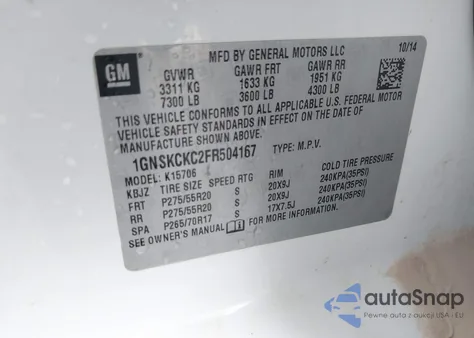 2015 Chevrolet Tahoe Ltz from USA, damaged, VIN 1GNSKCKC2FR504167